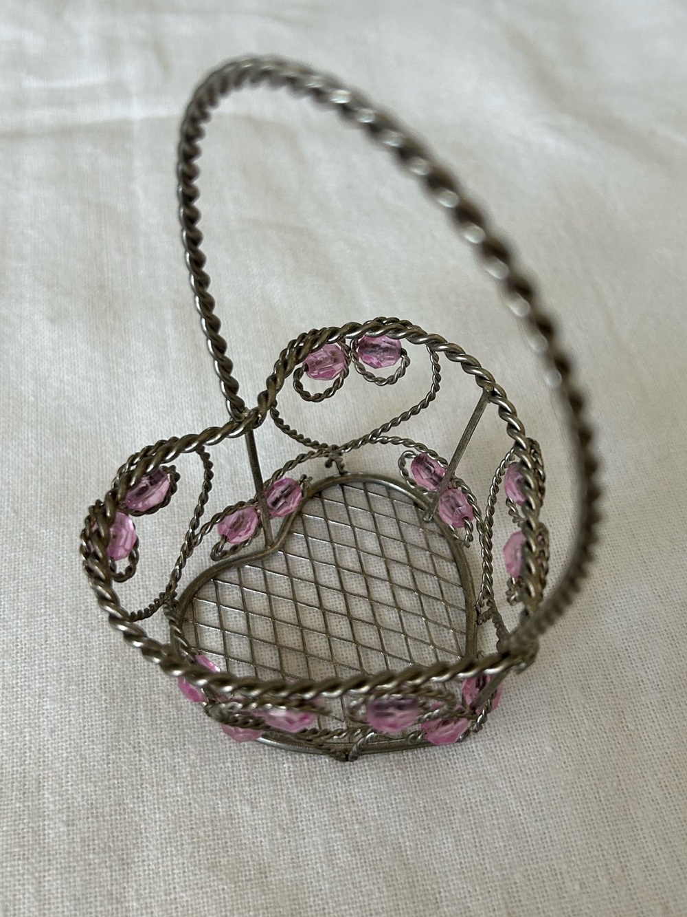 Decorative Heart Shape Miniature Silver-Colored Metal Braided Basket Purple Bead